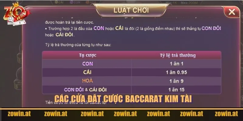 Các cửa đặt cược Baccarat Kim Tài và tỷ lệ thưởng.
